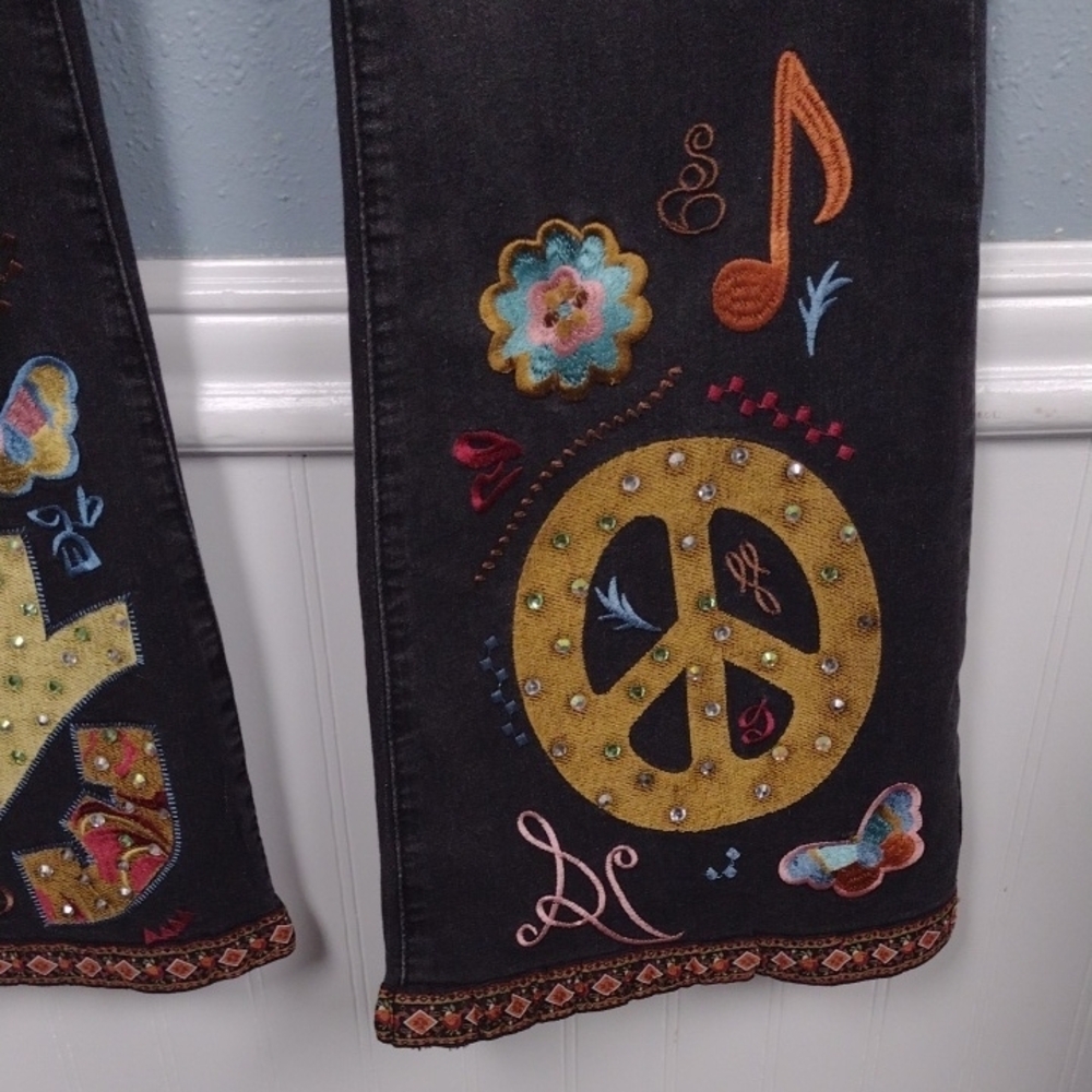 ROMWE Y2K Hippie style,Black Flare Jeans with Embroidery - Picture 3 of 14